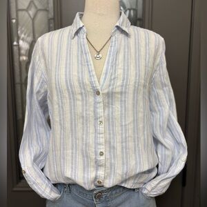 Sigrid Olsen Blue & White Striped 100% Linen Oversized Shirt | Size Large